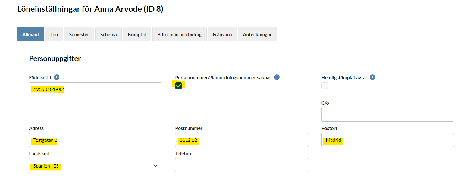 3. Lägg in användarens uppgifter på anställningsavtalet (skärmbild 1 av 4)