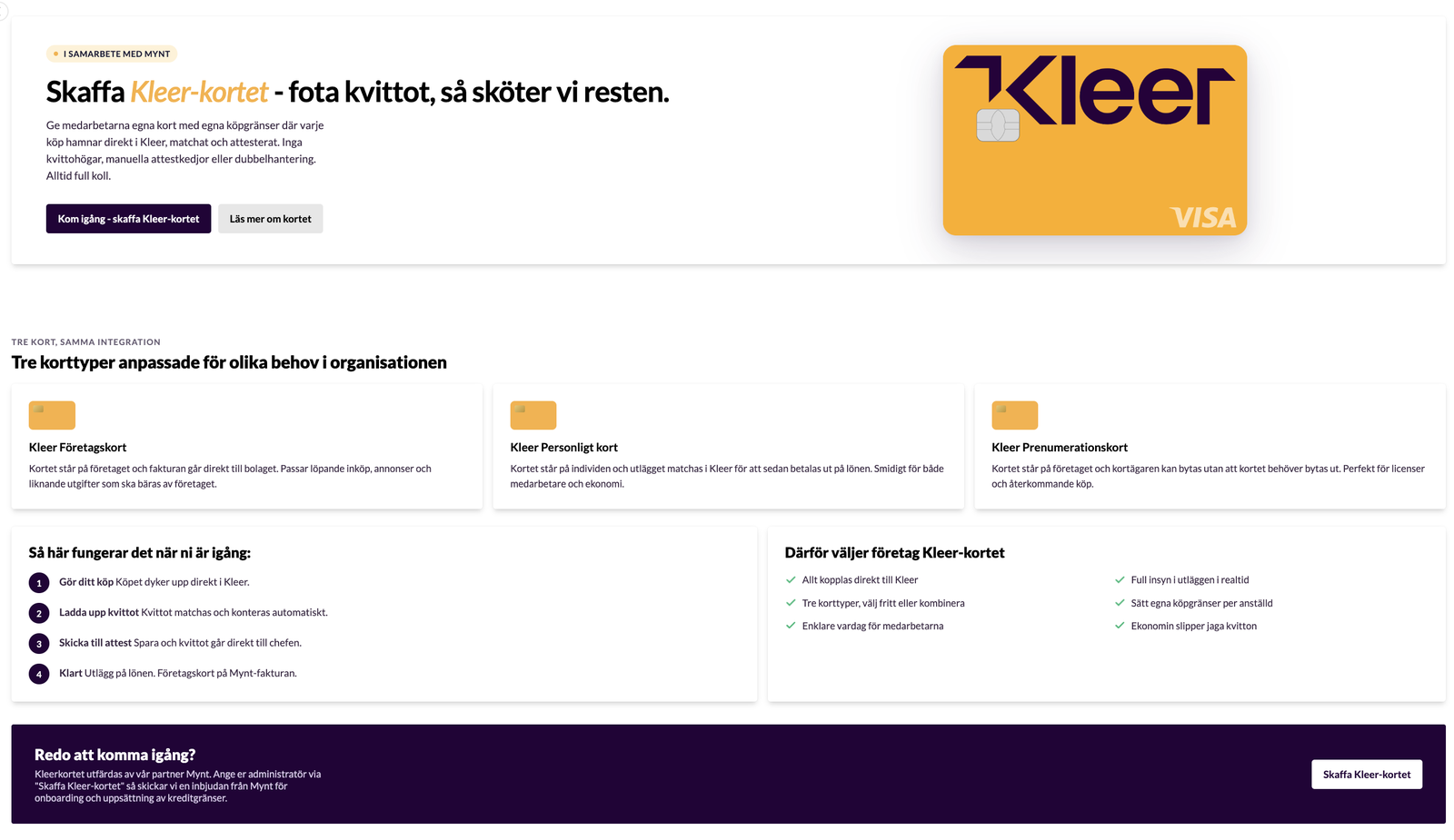 Sidan Företagskort med bannern Skaffa Kleer-kortet, de tre korttyperna och den mörka bannern Redo att komma igång